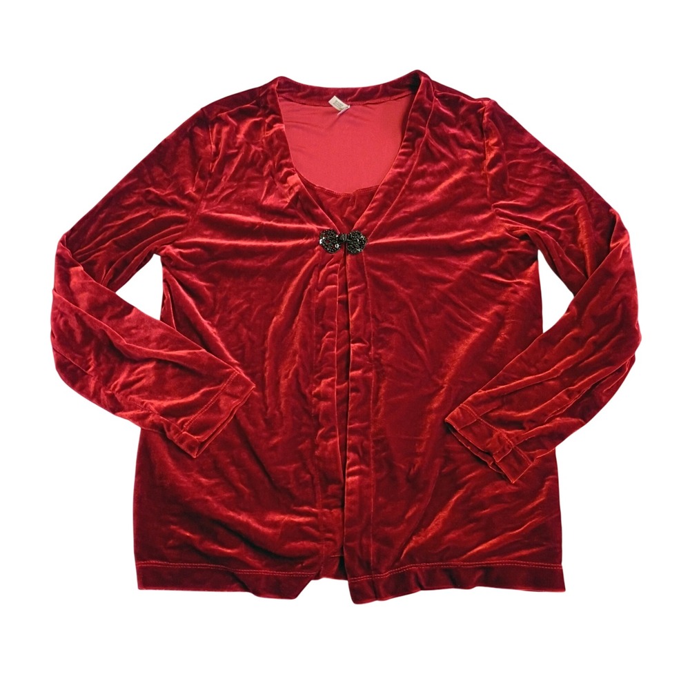White Stag Velvet Twin Set Women Medium Red Cardigan Tank Top Holiday Y2K Glam